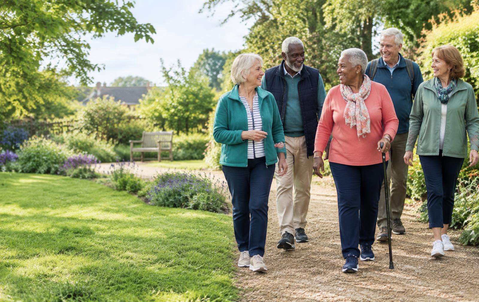 A group of older adults enjoying a walk together in a garden